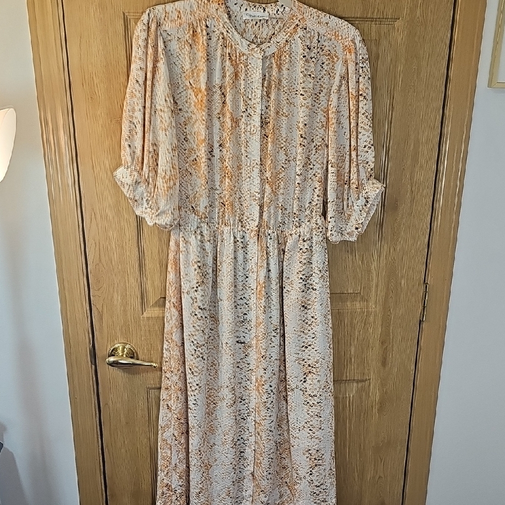 Calvin Klein Long Sleeve Dress - Cream and Brown